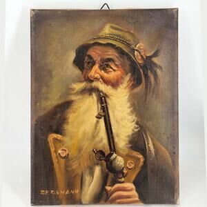 Antique Signed Dutch Oil on Canvas Painting Grey Hair Old Man Man pipe Bergmann